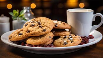 ai generado hecho en casa chocolate chip galletas en rústico madera mesa, tentador indulgencia generado por ai foto