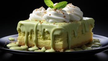 AI generated Indulgent homemade dessert creamy cheesecake with whipped cream and chocolate generated by AI photo