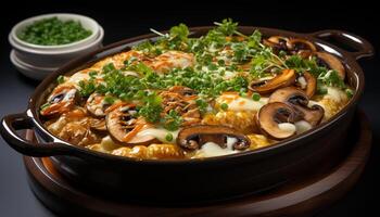 AI generated Fresh gourmet meal cooked meat, seafood, and vegetarian appetizer generated by AI photo