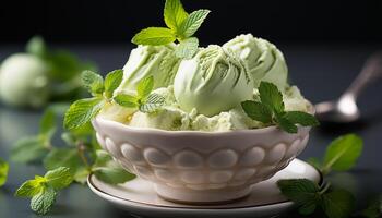 AI generated Fresh mint leaf on a bowl of sweet raspberry ice cream generated by AI photo