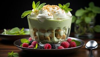 AI generated Fresh fruit dessert with yogurt, mint leaf, and raspberry generated by AI photo