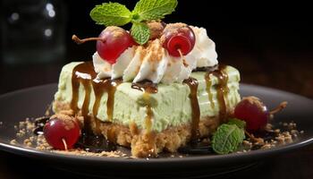 AI generated A fresh, indulgent slice of homemade cheesecake with raspberry sauce generated by AI photo