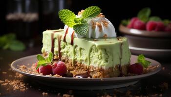 AI generated Homemade dessert sweet pie with raspberry, strawberry, and mint leaf generated by AI photo