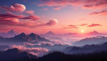 AI generated Majestic mountain range, sunset sky, tranquil scene, nature beauty generated by AI photo