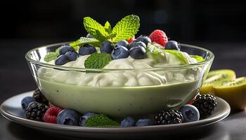 AI generated Fresh blueberry yogurt dessert with mint leaf and raspberry garnish generated by AI photo