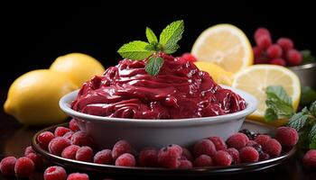 AI generated Freshness and sweetness in a bowl of organic berry dessert generated by AI photo
