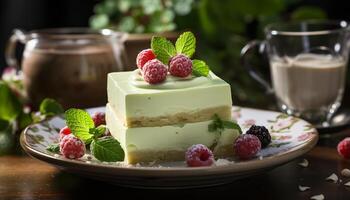 AI generated Fresh raspberry dessert on wooden table with mint leaf garnish generated by AI photo