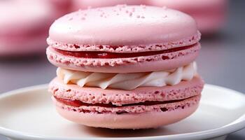 AI generated A colorful stack of macaroons on a pink plate generated by AI photo