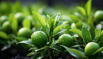 AI generated Fresh green citrus fruit on wet branch in springtime generated by AI photo