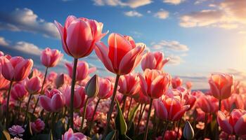 AI generated Vibrant tulips blossom, painting nature beauty in multi colored meadows generated by AI photo