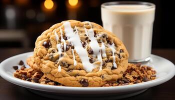 AI generated Homemade chocolate chip cookie on rustic wooden table with milk generated by AI photo