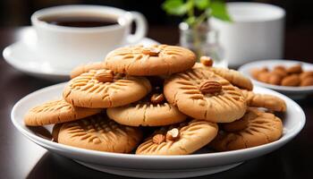 ai generado hecho en casa chocolate chip galletas en de madera mesa, un dulce indulgencia generado por ai foto