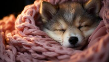 AI generated Cute puppy sleeping, fluffy and comfortable in nature beauty generated by AI photo