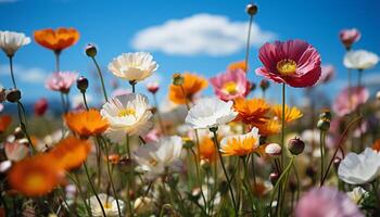 AI generated Bright summer meadow, vibrant flowers blossom in nature beauty generated by AI photo