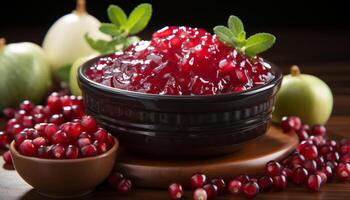 AI generated Fresh fruit bowl on wooden table, healthy eating with nature generated by AI photo