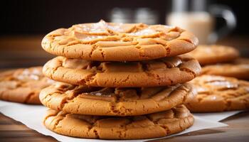 AI generated Homemade chocolate chip cookies, a sweet indulgence on wooden table generated by AI photo