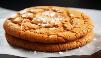 AI generated A homemade chocolate chip cookie stack on a wooden plate generated by AI photo