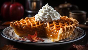 AI generated Freshly baked pumpkin pie on a rustic wooden plate generated by AI photo