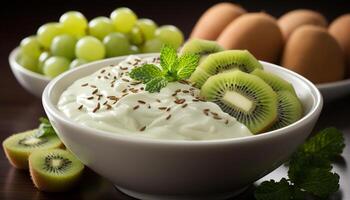 AI generated Freshness in a bowl healthy eating with kiwi and yogurt generated by AI photo