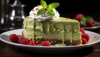 AI generated Homemade gourmet dessert sweet pie with raspberry and mint leaf generated by AI photo