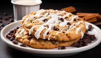 AI generated Fresh homemade dessert chocolate cookie stack on wooden plate generated by AI photo