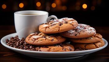 ai generado recién horneado chocolate chip galletas en un de madera mesa generado por ai foto