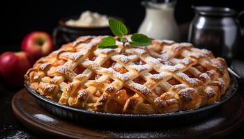 AI generated Homemade apple pie, a sweet indulgence on rustic wooden table generated by AI photo