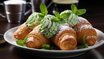 AI generated Healthy homemade dessert fresh fruit rolled in baked croissant dough generated by AI photo