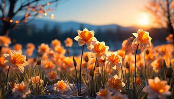 ai generado puesta de sol prado, vibrante flores floración, naturaleza belleza en lleno monitor generado por ai foto