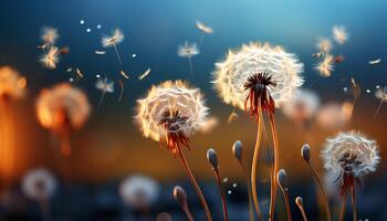 AI generated Fluffy dandelion seed flying in soft sunset meadow landscape generated by AI photo