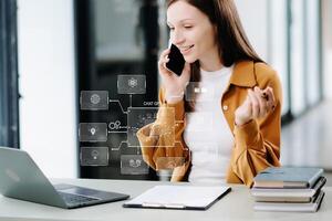 Woman using chatbot in computer and tablet  smart intelligence Ai.Chat with AI Artificial Intelligence, developed by OpenAI generate. photo