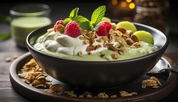 AI generated Freshness in a bowl gourmet yogurt, raspberry, granola, and mint generated by AI photo