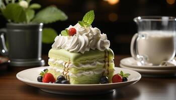 ai generado frescura y indulgencia en un plato gastrónomo postre con bayas generado por ai foto