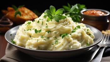 AI generated Freshly cooked mashed potatoes with butter and parsley garnish generated by AI photo