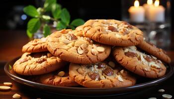 AI generated Freshly baked homemade chocolate chip cookies on a rustic wooden table generated by AI photo