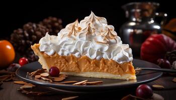 AI generated Homemade sweet pie with fresh fruit and whipped cream generated by AI photo