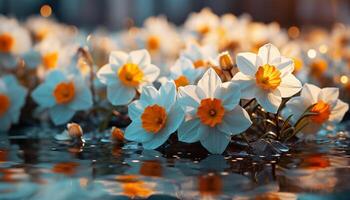 ai generado un vibrante ramo de flores de vistoso flores refleja en un tranquilo estanque generado por ai foto