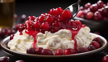 AI generated Homemade gourmet dessert fresh berry cheesecake with whipped cream generated by AI photo