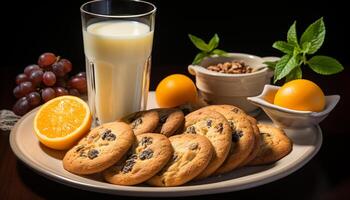 AI generated Fresh fruit dessert on wooden table, healthy indulgence with homemade cookies generated by AI photo