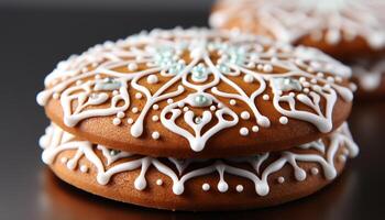 AI generated Homemade gingerbread cookie, decorated with icing, on wooden table generated by AI photo