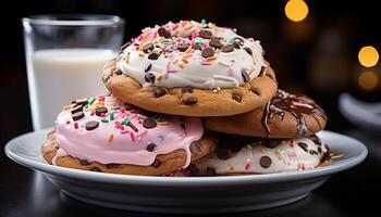 AI generated Freshly baked homemade chocolate donut on a pink plate generated by AI photo