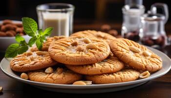 AI generated Freshly baked homemade chocolate chip cookies on a rustic wooden table generated by AI photo