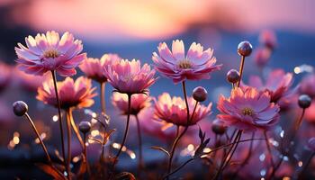 AI generated A vibrant meadow of colorful flowers in the summer sunset generated by AI photo