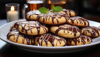 AI generated Freshly baked homemade chocolate cookies on a wooden plate generated by AI photo