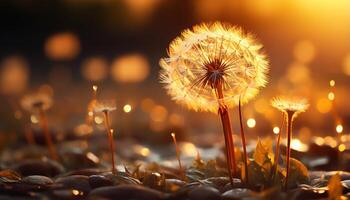 AI generated Fluffy dandelion seed in soft sunlight, nature delicate beauty generated by AI photo