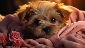 AI generated Cute puppy sitting, looking at camera, fluffy fur, indoors generated by AI photo