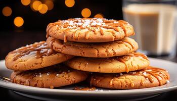 AI generated Homemade chocolate chip cookies stacked on rustic wooden table generated by AI photo