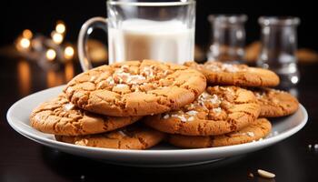 ai generado un hecho en casa chocolate chip Galleta apilar en un rústico de madera mesa generado por ai foto