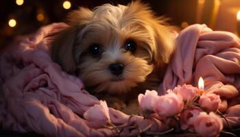 AI generated Cute puppy sitting outdoors, surrounded by yellow flowers, enjoying nature generated by AI photo