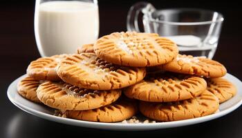 AI generated A stack of homemade chocolate chip cookies on a plate generated by AI photo